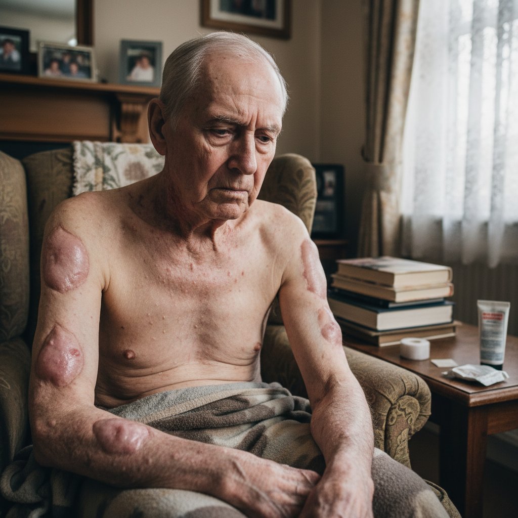 Starszy mężczyzna trzymający się za głowę w domowym otoczeniu, wyraźnie zaniepokojony zmianami skórnymi