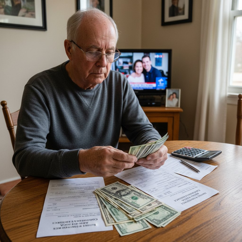 Starszy mężczyzna przelicza pieniądze przy stole, wydatki po operacji serca, ilustracja codziennych kosztów