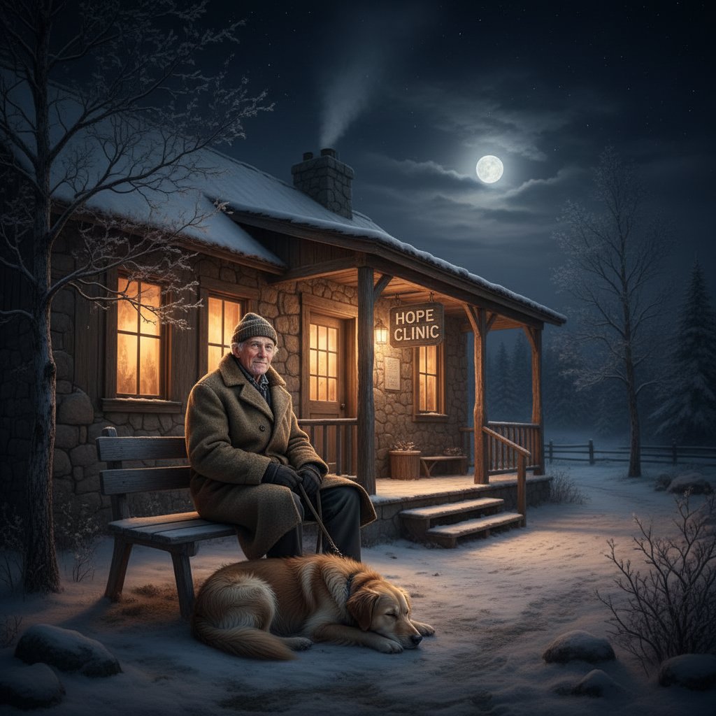 Starszy mężczyzna i pies przed wiejską kliniką w zimową noc