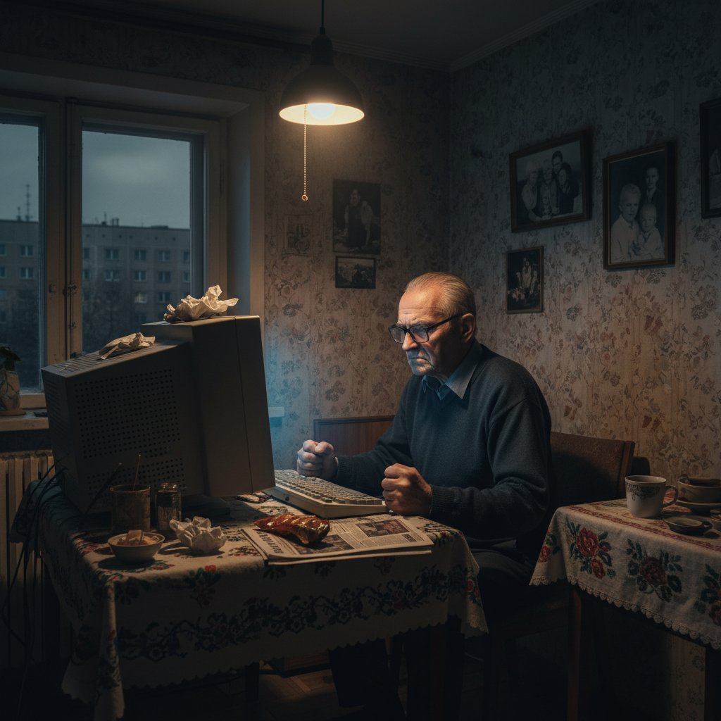 Starszy Polak sfrustrowany przy komputerze podczas próby korzystania z bankowości online