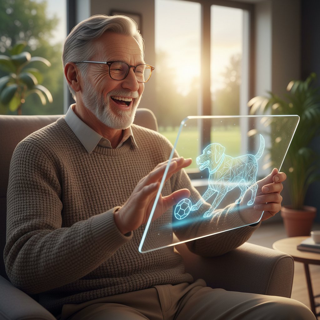 Senior zadowolony po interakcji z cyfrowym psem na ekranie, poczucie szczęścia