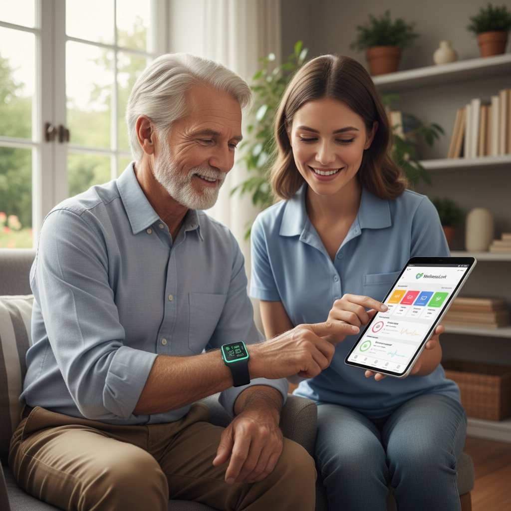Starszy mężczyzna z opaską monitorującą zdrowie i opiekun korzystający z aplikacji mobilnej