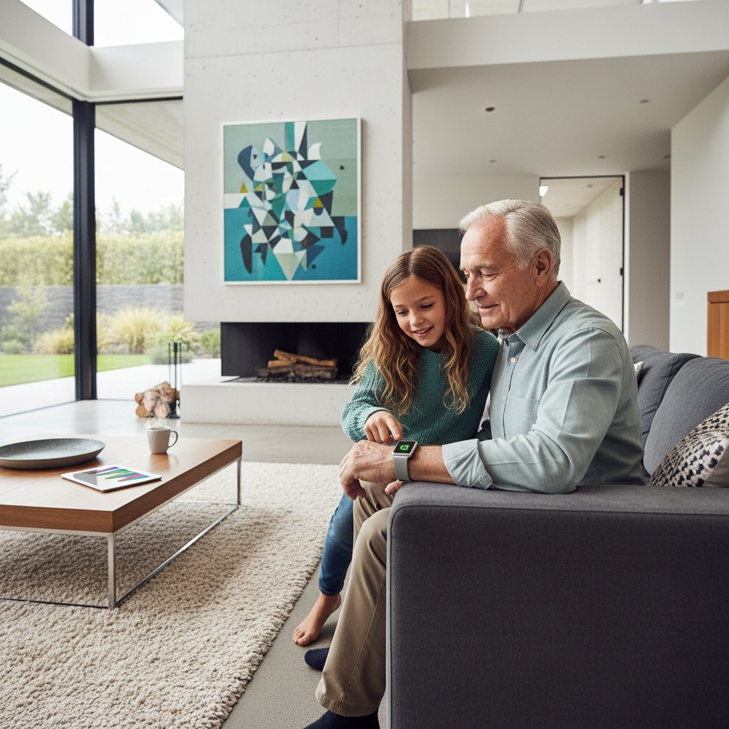 Starszy mężczyzna z opaską monitorującą, uśmiecha się do wnuczki, nowoczesny dom