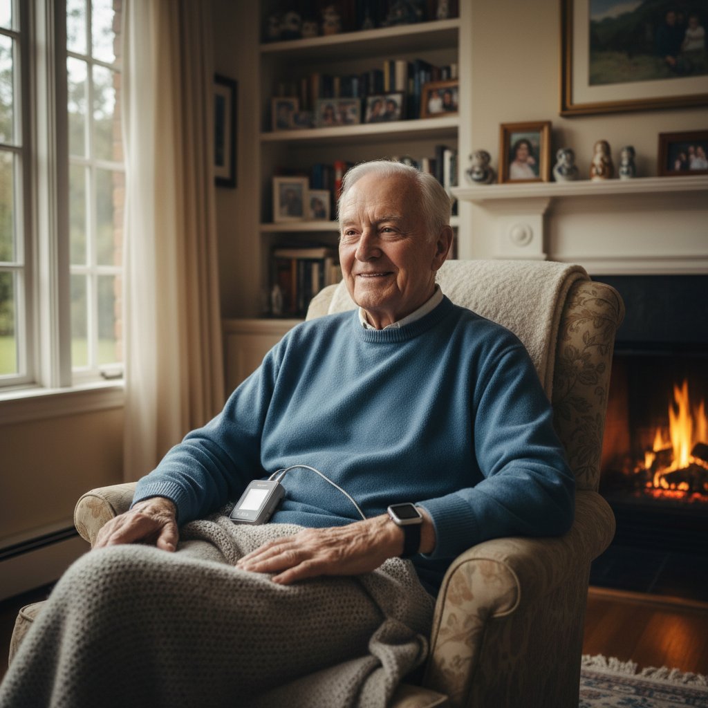 Starszy mężczyzna z urządzeniem do monitorowania serca, uśmiechnięty, domowe wnętrze, poczucie bezpieczeństwa