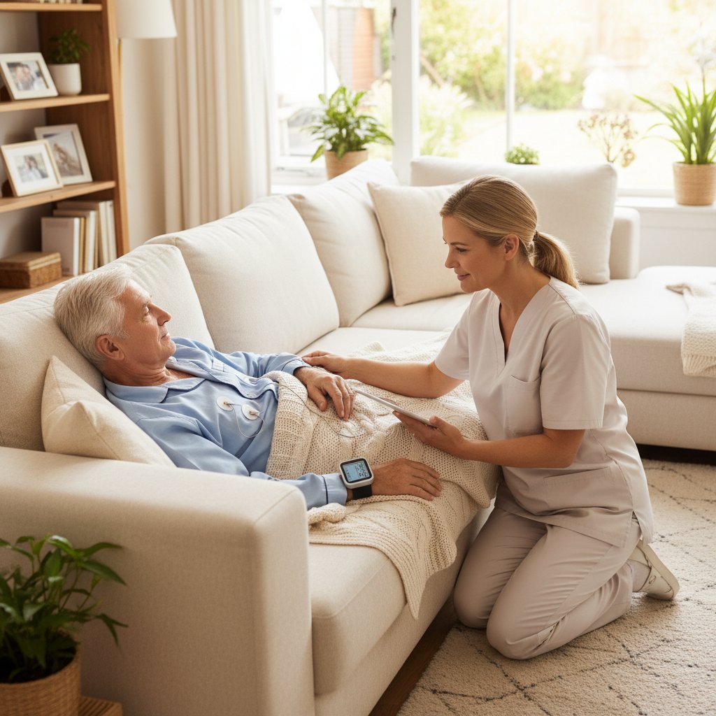 Starszy mężczyzna leży na kanapie, blisko urządzenia monitorującego zdrowie, opiekun w tle, domowa atmosfera