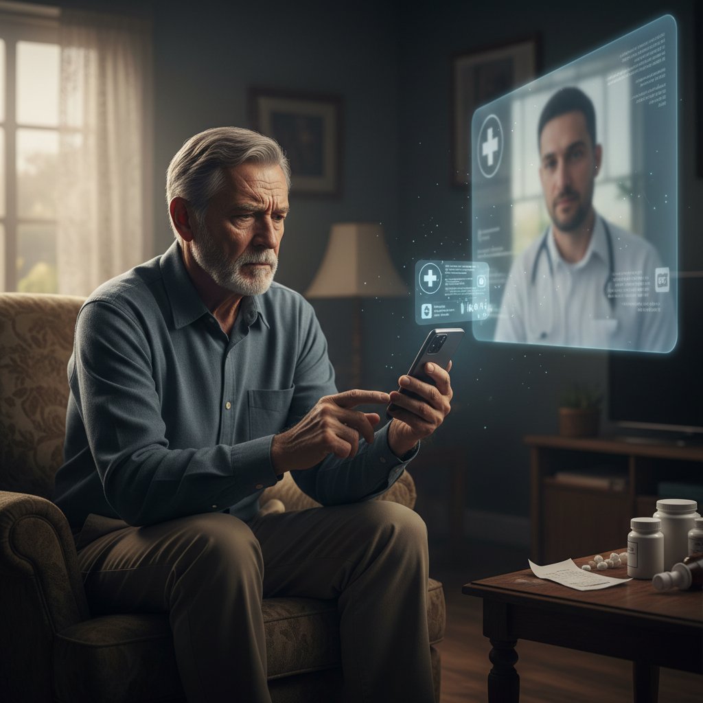 Starszy mężczyzna z telefonem komórkowym, rozczarowany, w tle ekran z platformą telemedyczną, wyraz niepewności na twarzy