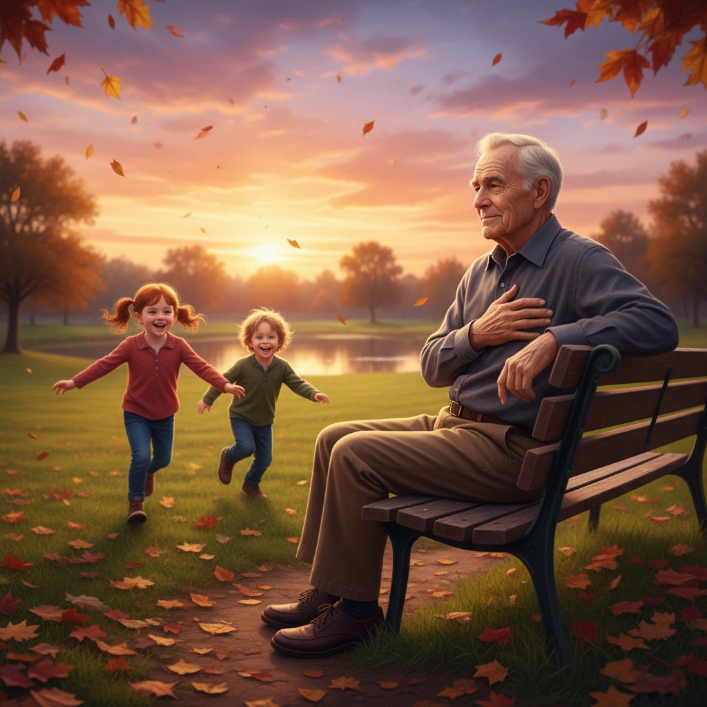 Starszy mężczyzna siedzi na ławce w parku, zmęczony, obok wnuki – ilustracja historii pacjenta z stenozą aortalną