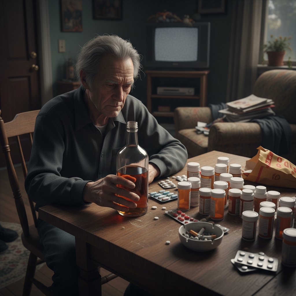 Portret starszego mężczyzny trzymającego tabletki i kieliszek alkoholu przy stole w domu