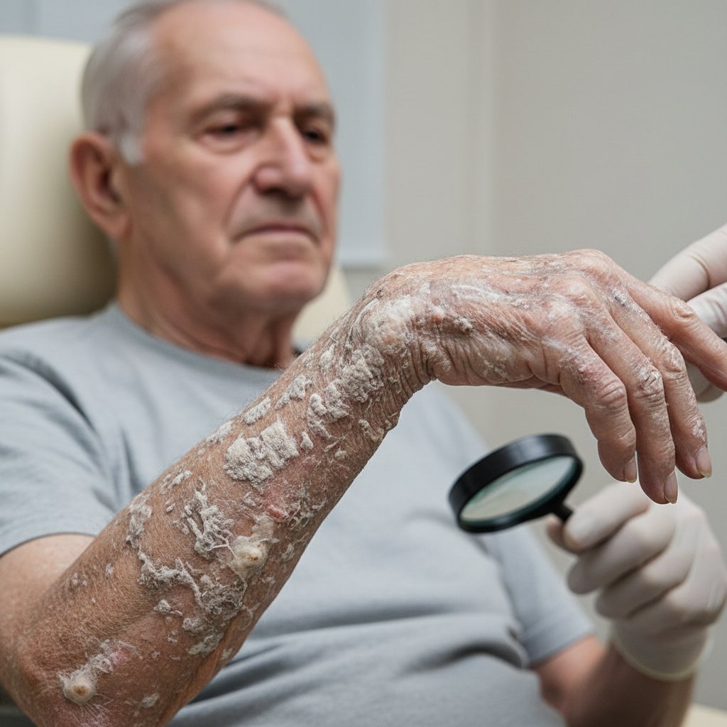 Starszy mężczyzna z masywnymi zmianami skórnymi na dłoniach – świerzb norweski, superinfekcje