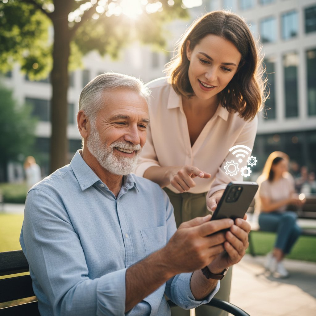 Älterer Mann mit Smartphone, zufrieden nach erfolgreicher Online-Kommunikation, Keywords: Empowerment, digitale Unterstützung, Senioren