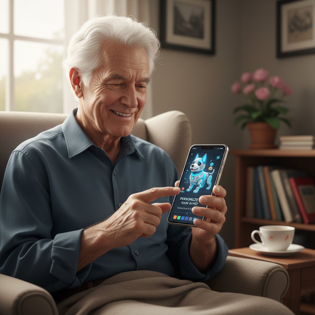 Starszy mężczyzna uśmiecha się do ekranu smartfona, personalizując swojego wirtualnego psa AI