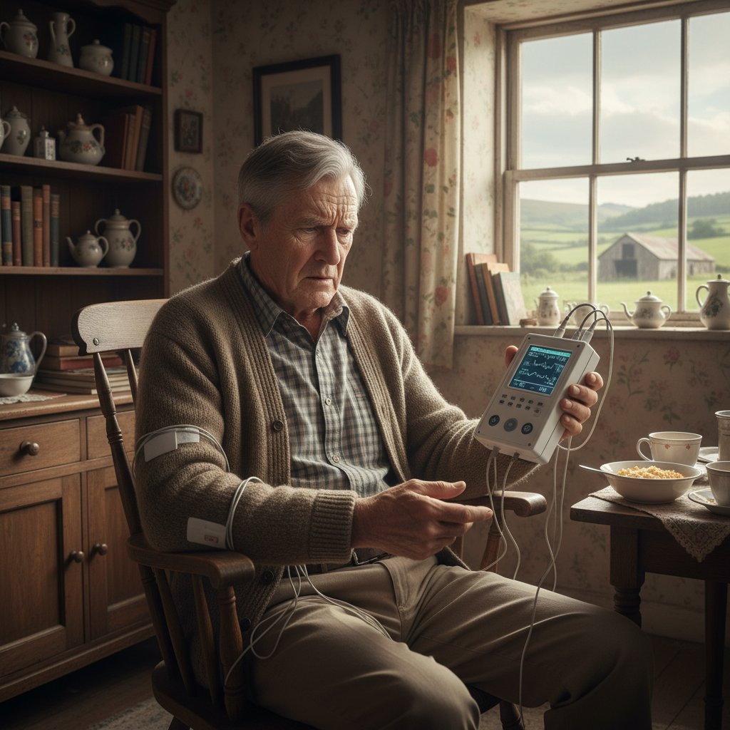 Senior zmagający się z obsługą nowoczesnego urządzenia do monitorowania zdrowia w wiejskim domu, atmosfera zagubienia