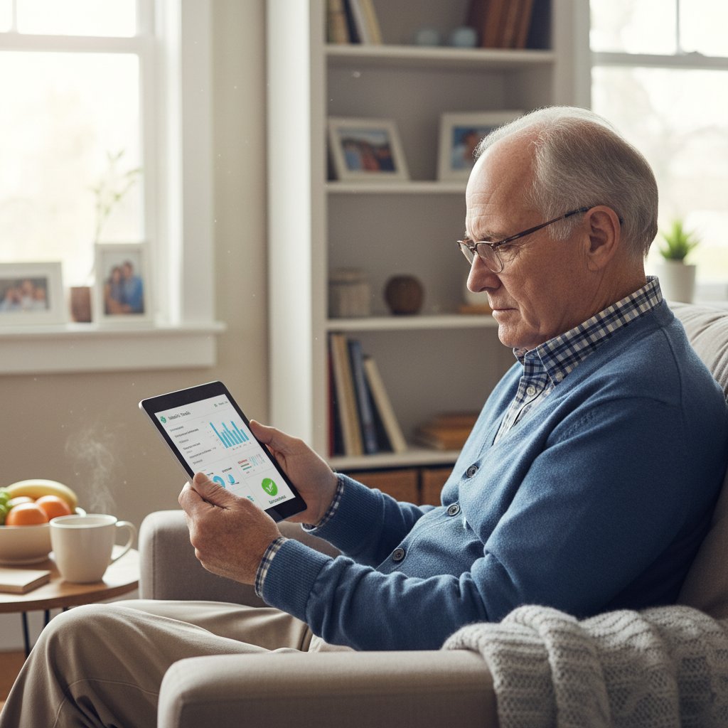 Starszy mężczyzna korzystający z tabletu do sprawdzania informacji zdrowotnych w domu