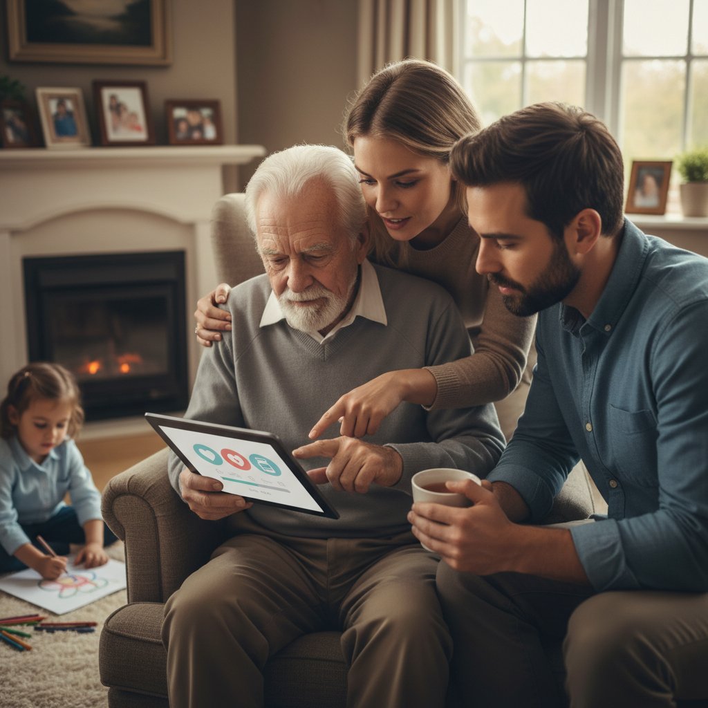 Starszy mężczyzna z tabletem, uczy się korzystać z aplikacji zdrowotnej, wsparcie rodziny