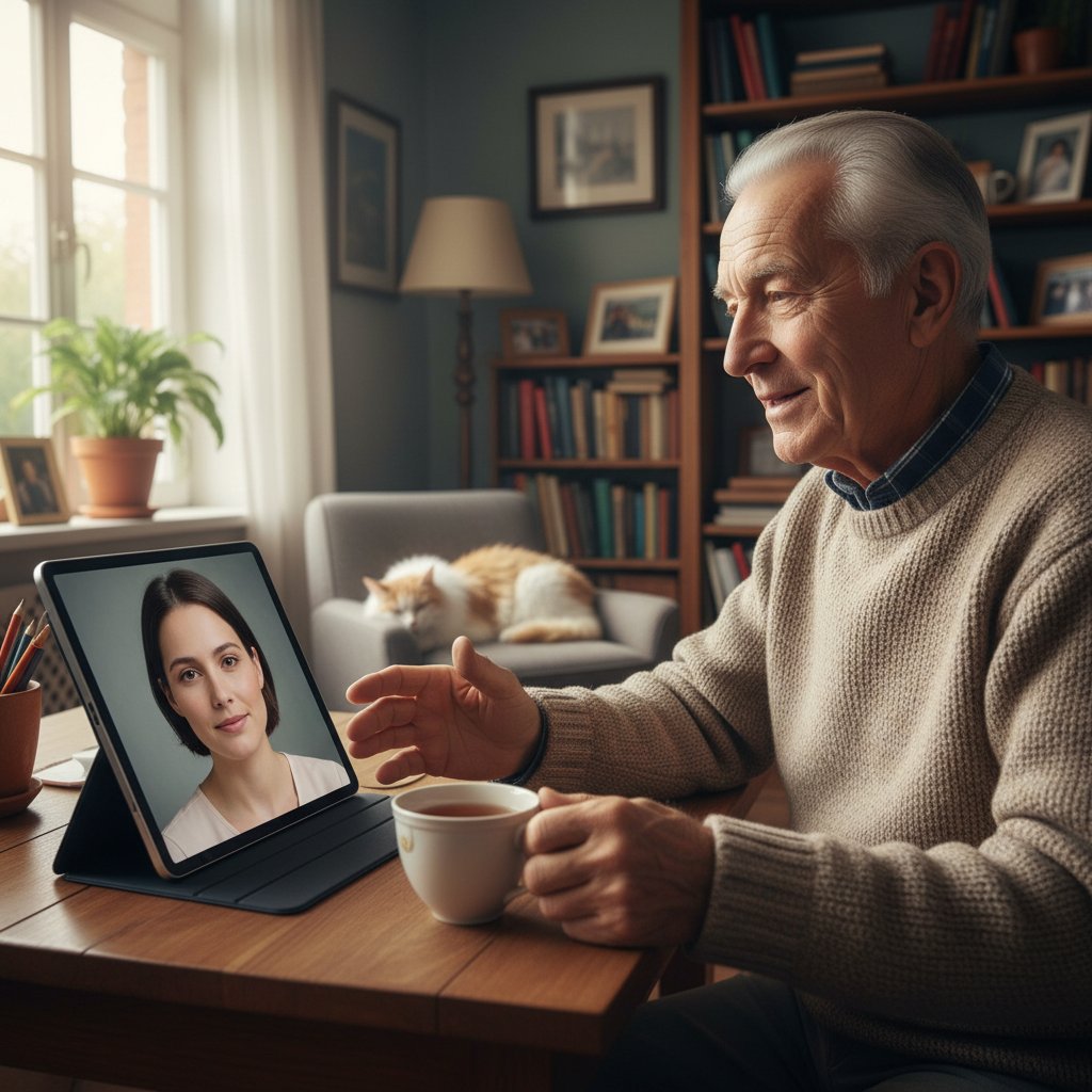 Starszy mężczyzna rozmawia online z młodą osobą, autentyczna relacja i empatia