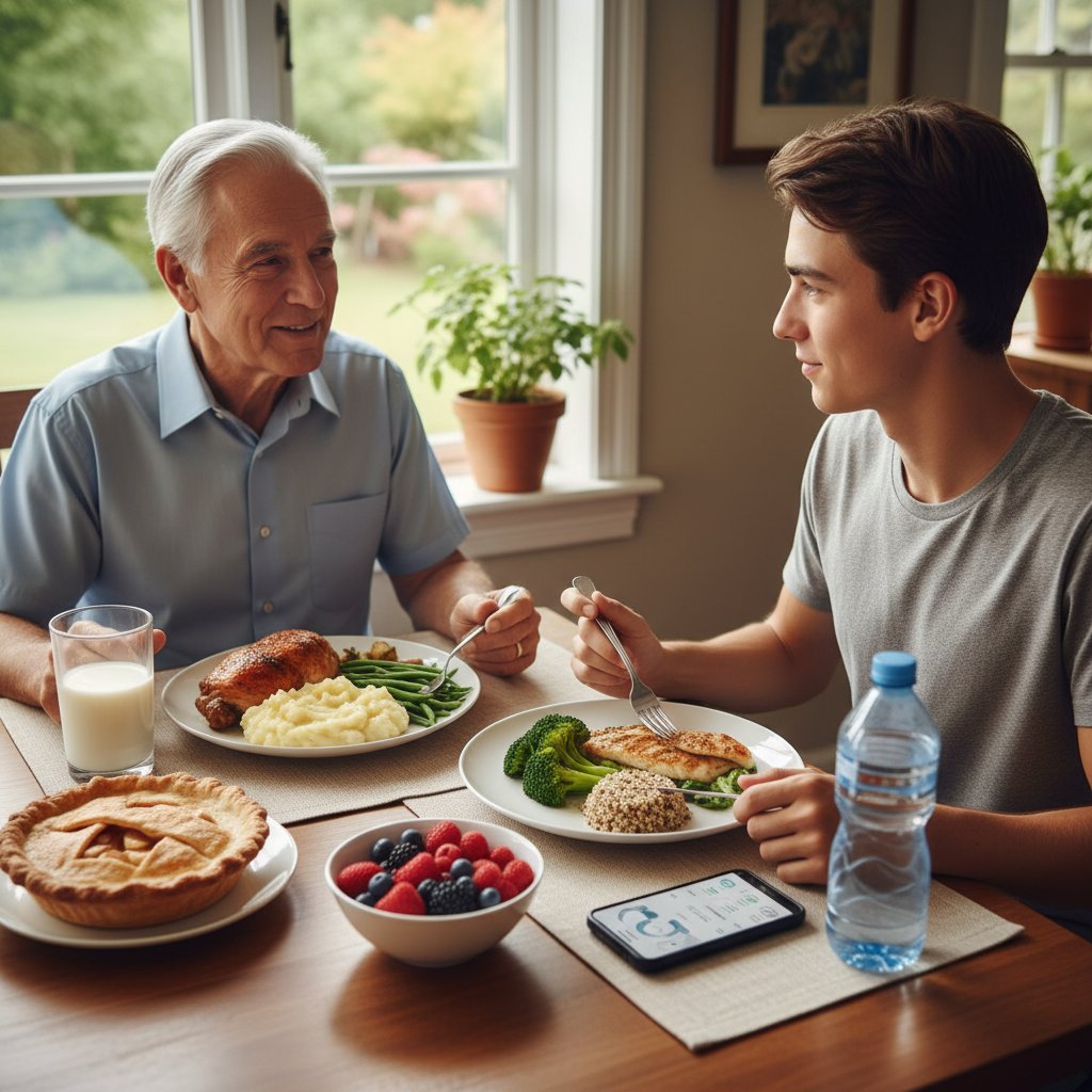 Starszy mężczyzna i nastolatek rozmawiający przy posiłku, różne potrzeby dietetyczne, deficyt kaloryczny