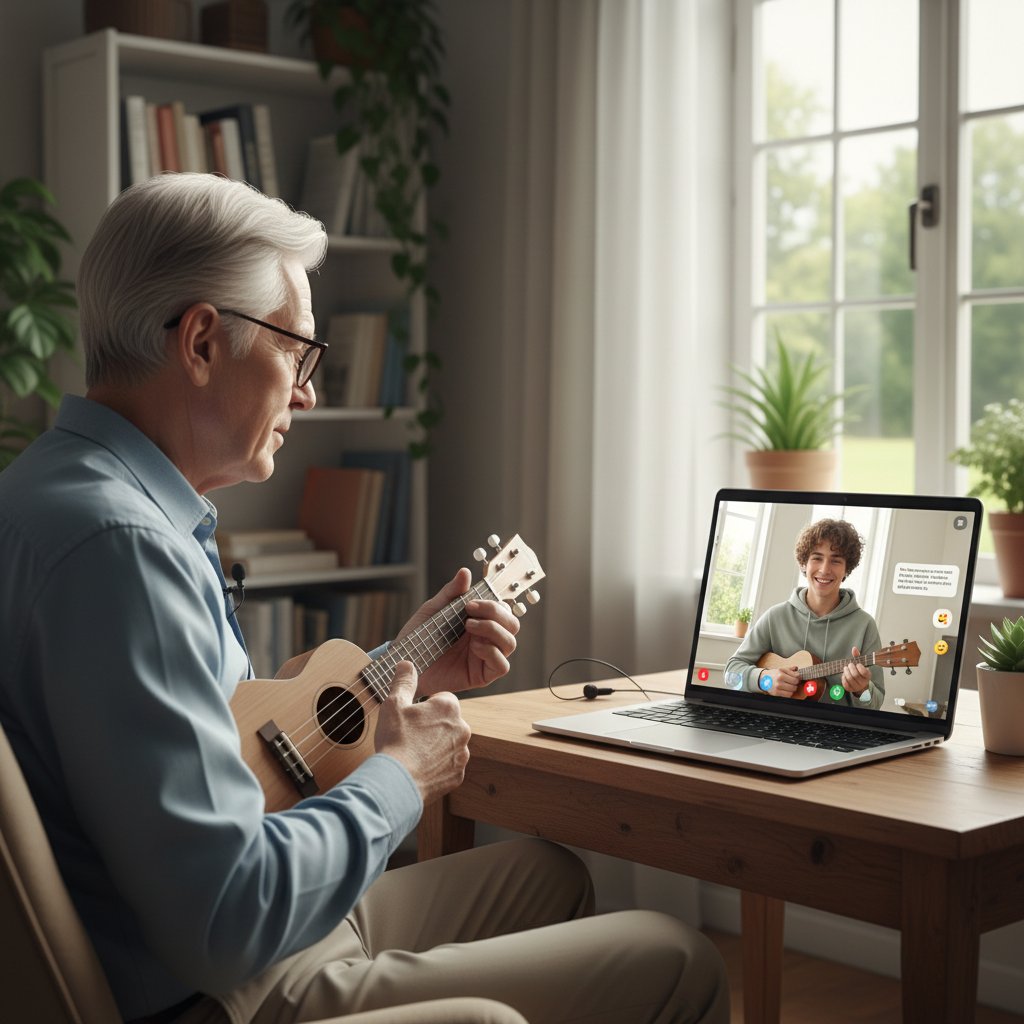 Starszy mężczyzna i nastolatka grający na ukulele przez internet, pokazujący międzypokoleniową uniwersalność instrumentu