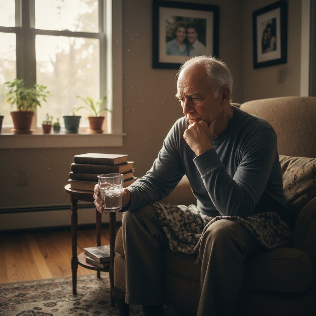 Starszy mężczyzna w domowym zaciszu, z zamyśloną miną, trzymający szklankę wody