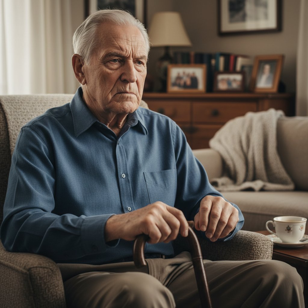 Codzienność z Parkinsonem – bliski kadr starszego mężczyzny z zamyślonym spojrzeniem i wyraźnym napięciem na twarzy, domowe wnętrze w tle
