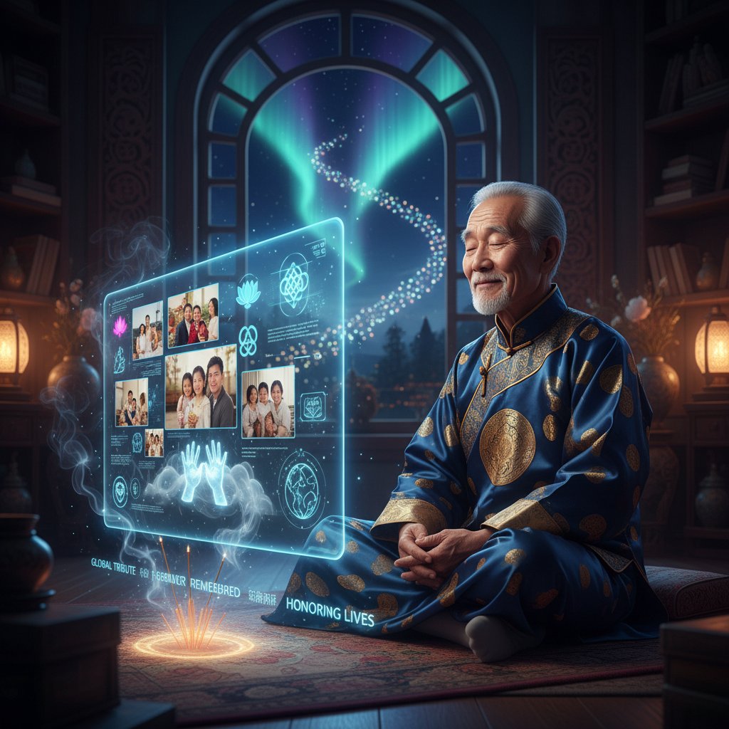 Elderly man in traditional attire with family, viewing a digital memorial on a tablet, representing global digital mourning rituals