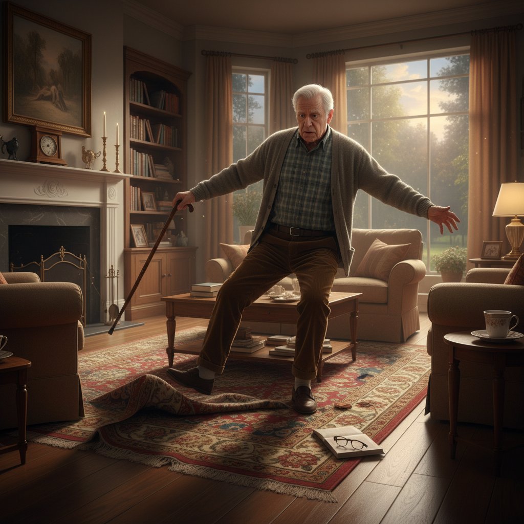 Starszy mężczyzna potykający się o dywan w domowym salonie, ekspresja szoku na twarzy