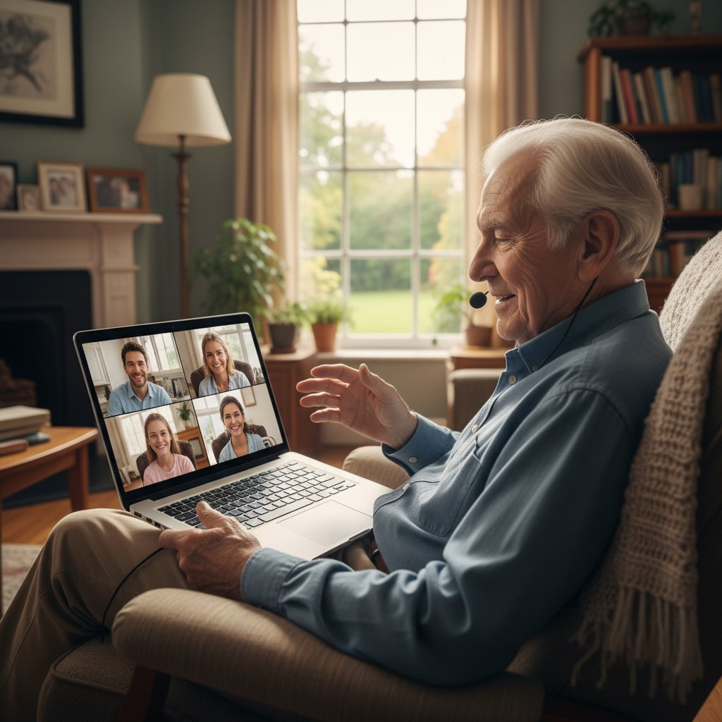 Starszy mężczyzna korzysta z laptopa i rozmawia przez wideokonferencję, aplikacje online dla seniorów