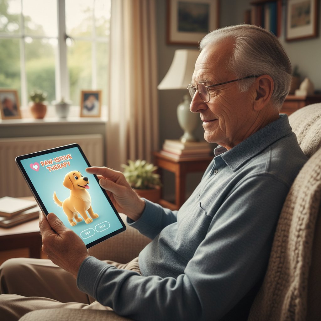 Starszy mężczyzna grający z wirtualnym psem, w tle telefon z aplikacją terapeutyczną