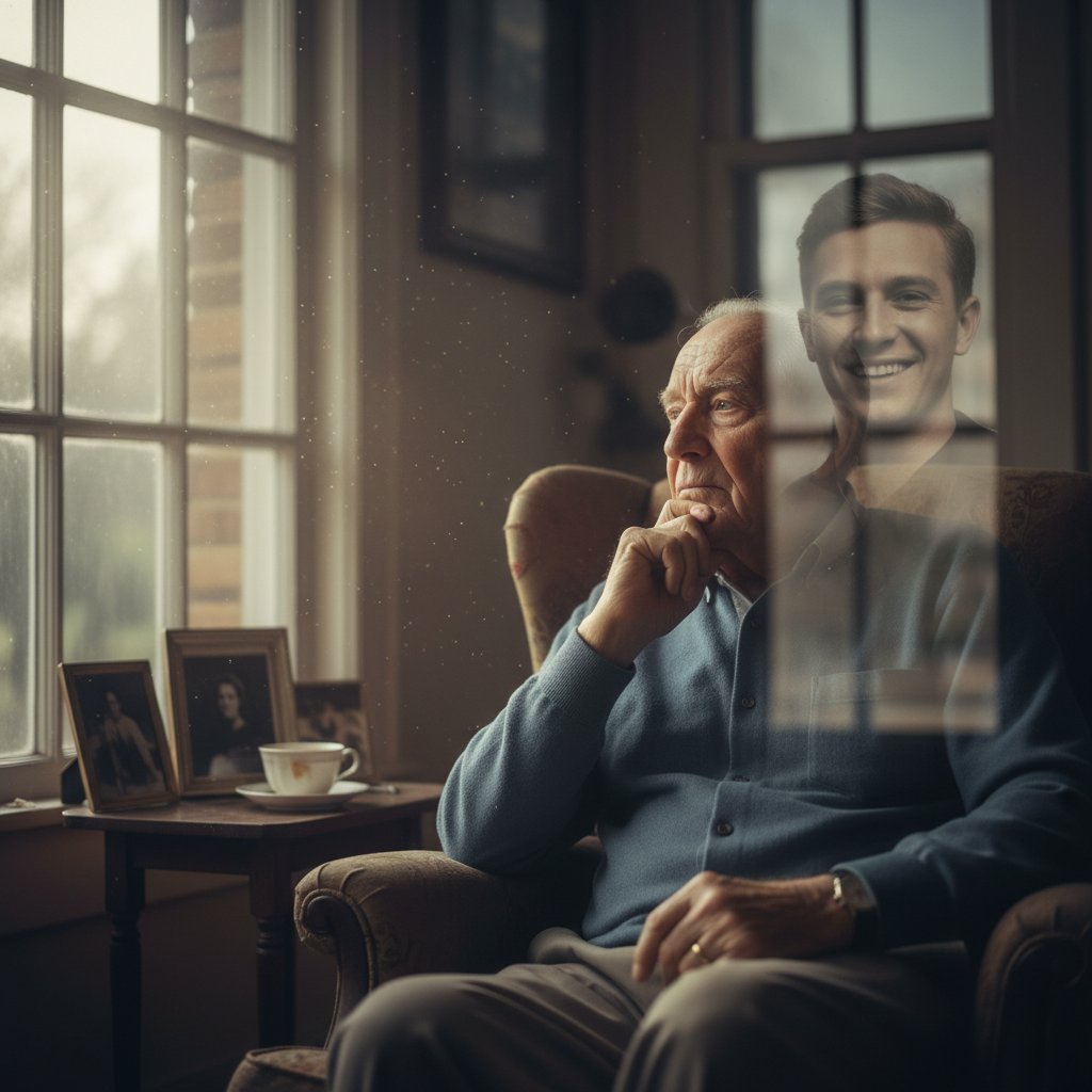 Starszy mężczyzna patrzący przez okno, zamyślony, symbolizuje utratę pamięci