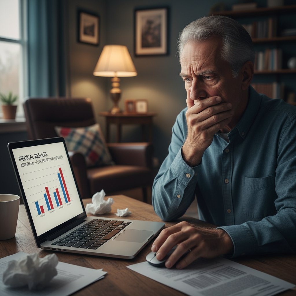 Starszy mężczyzna patrzy z niepokojem na ekran laptopa, wyświetlają się wyniki badań, interpretacja online, emocje