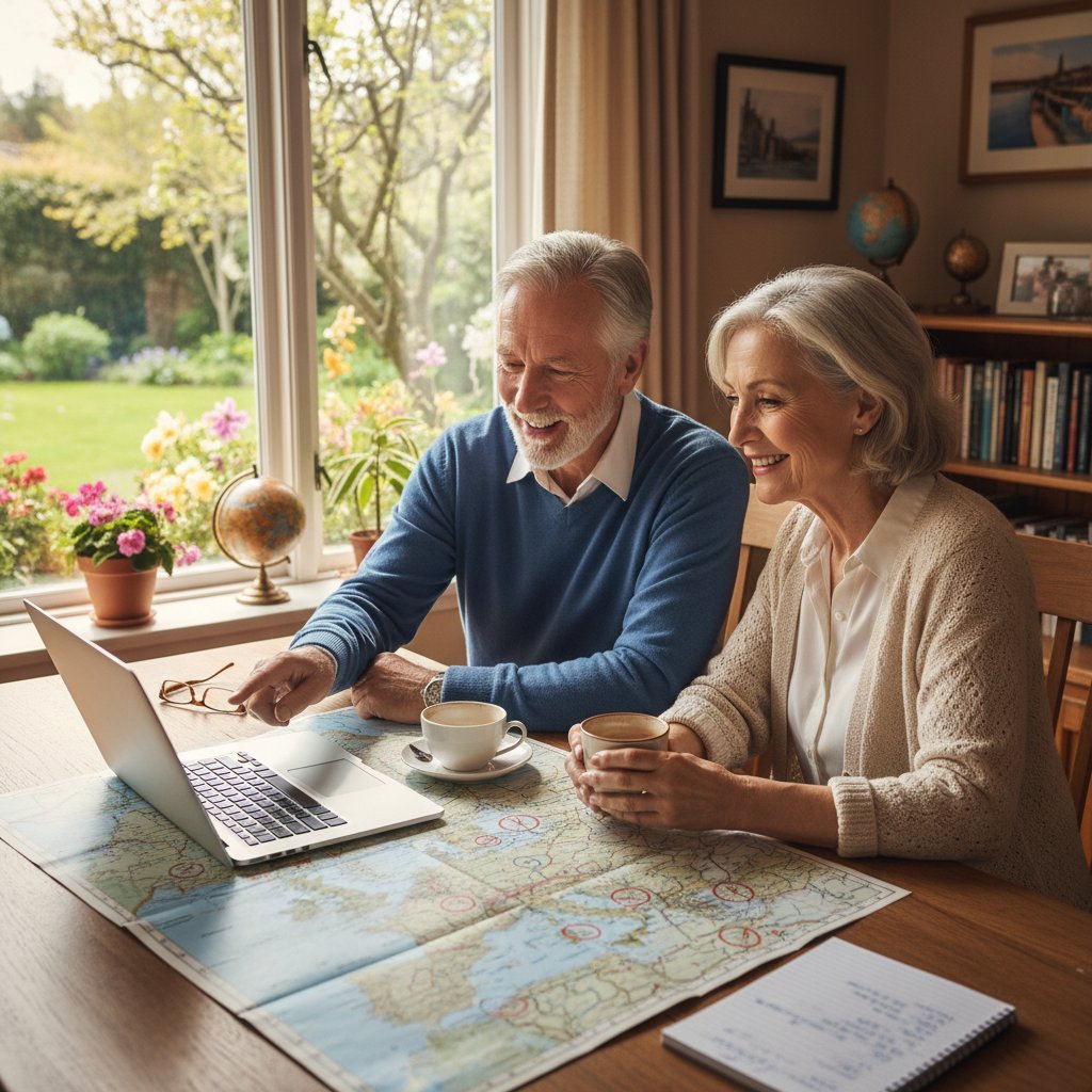 Seniorzy planują wspólną podróż przy laptopie, mapy i kawa na stole