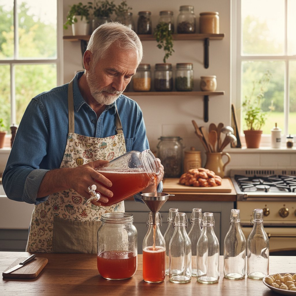 Starszy mężczyzna rozlewa domową kombuchę do butelek w przydomowej kuchni