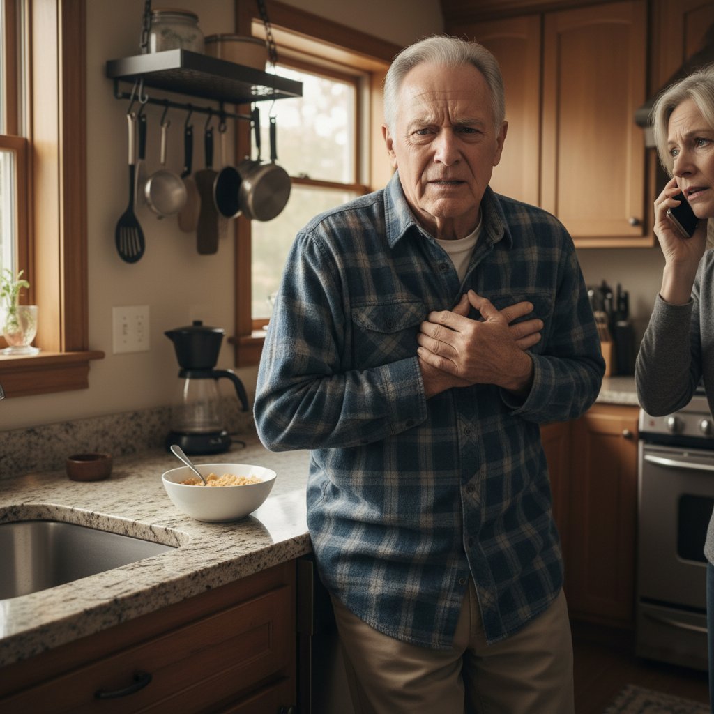 Starszy mężczyzna z ręką na klatce piersiowej, wyraźnie cierpiący, w domowej kuchni