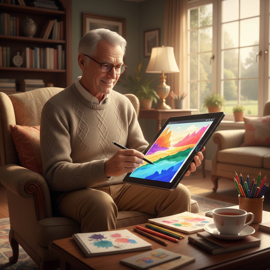 Starszy mężczyzna korzystający z kursu rysunku online, rysujący na tablecie w domu