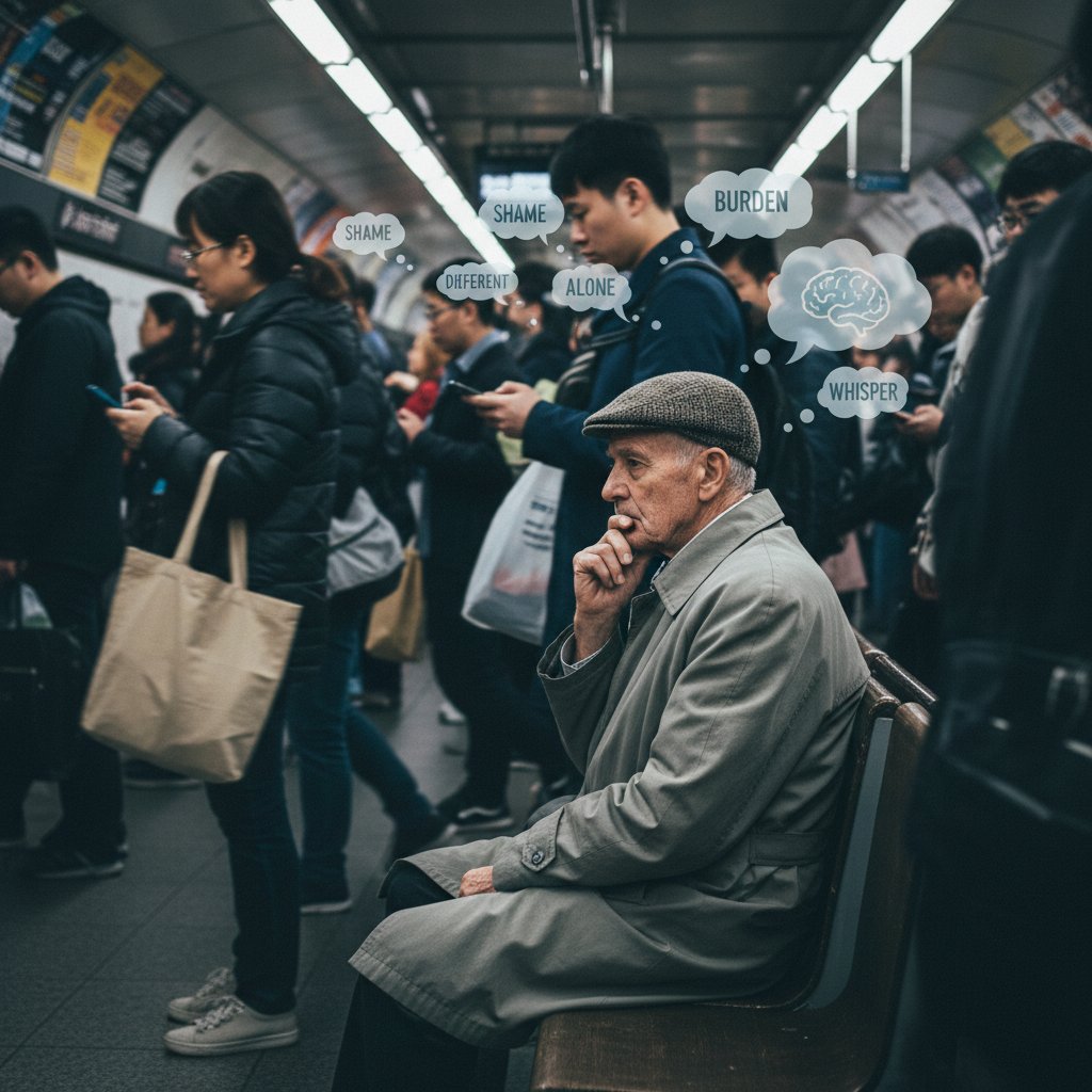 Zdjęcie starszego mężczyzny z zamyślonym wyrazem twarzy, otoczony przez ludzi w metrze – symbolizuje stygmatyzację