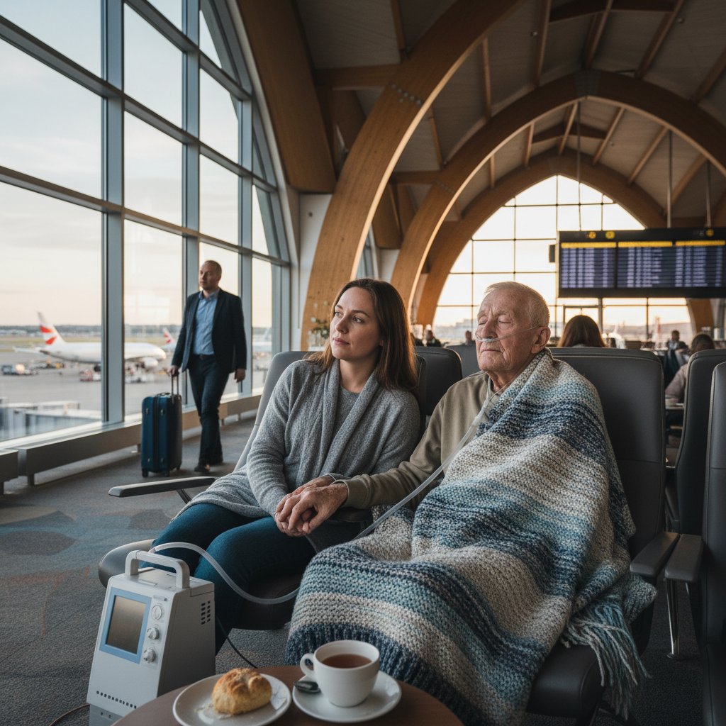 Starszy pasażer z tlenem w oczekiwaniu na zgodę na lot na lotnisku