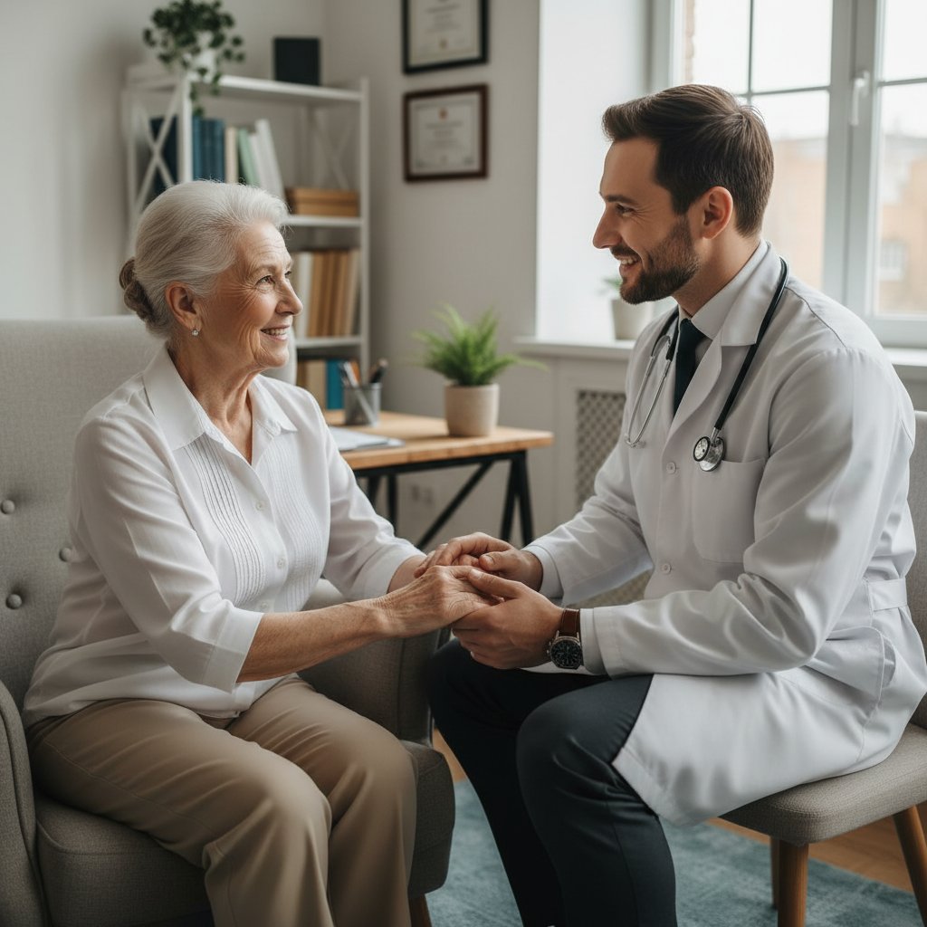 Starszy pacjent rozmawia spokojnie z lekarzem, widoczna atmosfera zaufania i partnerstwa