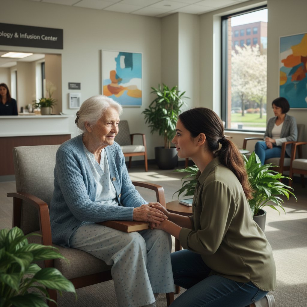 Starszy mężczyzna i młoda kobieta czekający na swoją kolej na oddziale onkologicznym