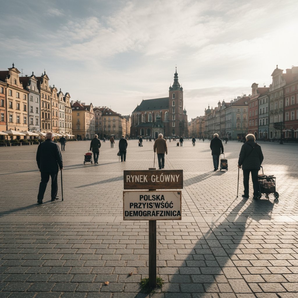 Starsze osoby na tle pustego miejskiego rynku, symbolizujące przyszłość demograficzną Polski