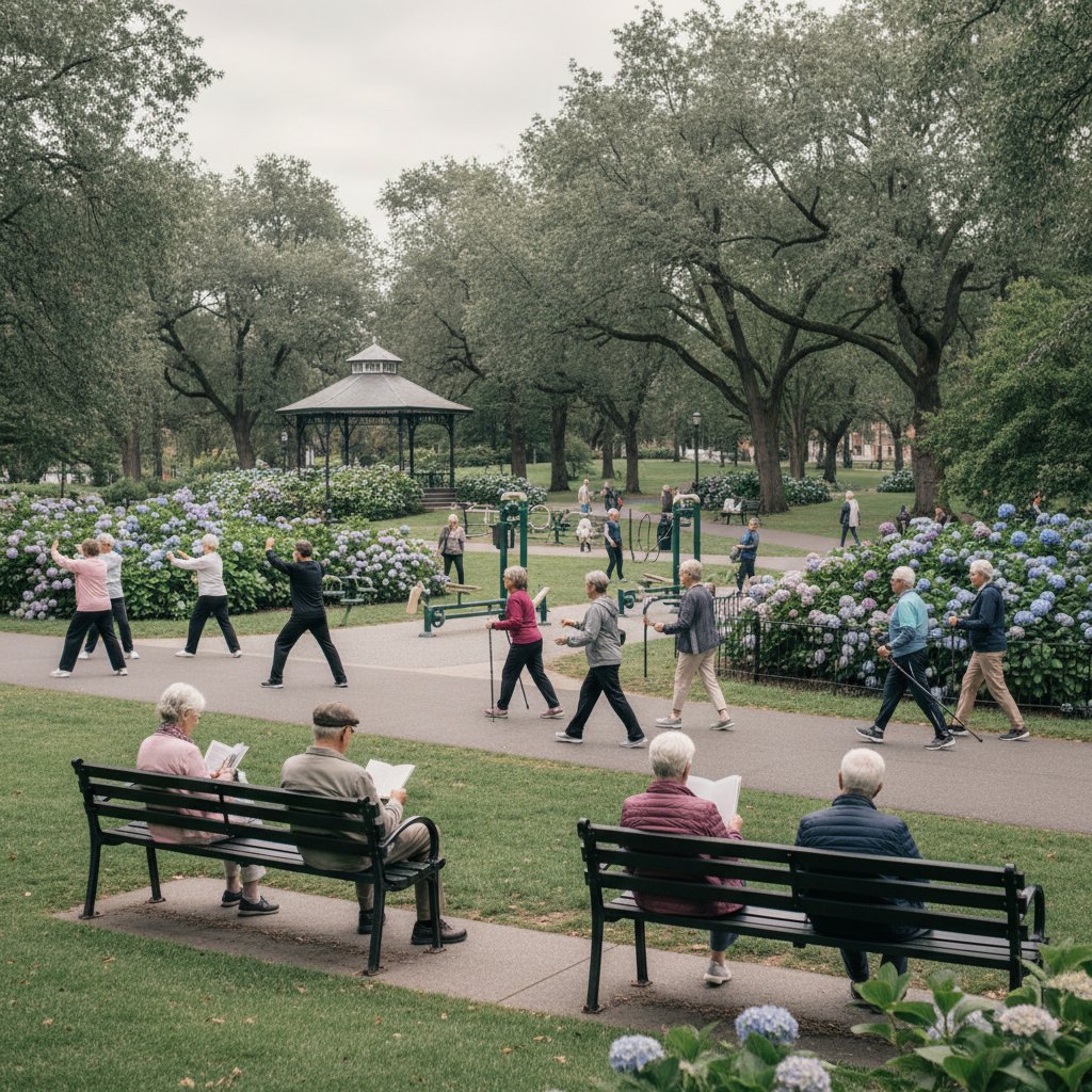 Seniorzy w parku – aktywni i nieaktywni obok siebie, Polacy 150 minut tygodniowo