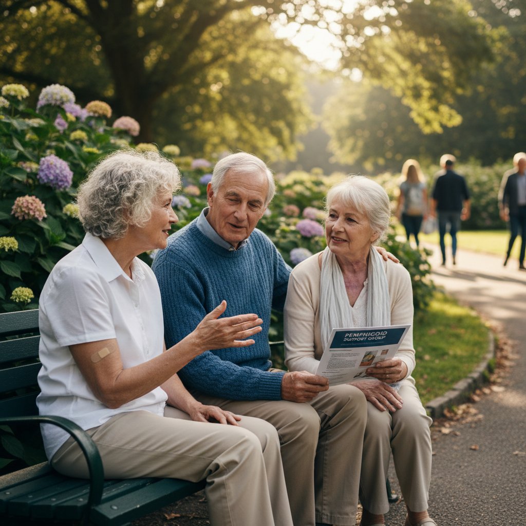 Starszy człowiek rozmawiający z inną osobą w parku, wsparcie społeczne w walce z pemfigoidem