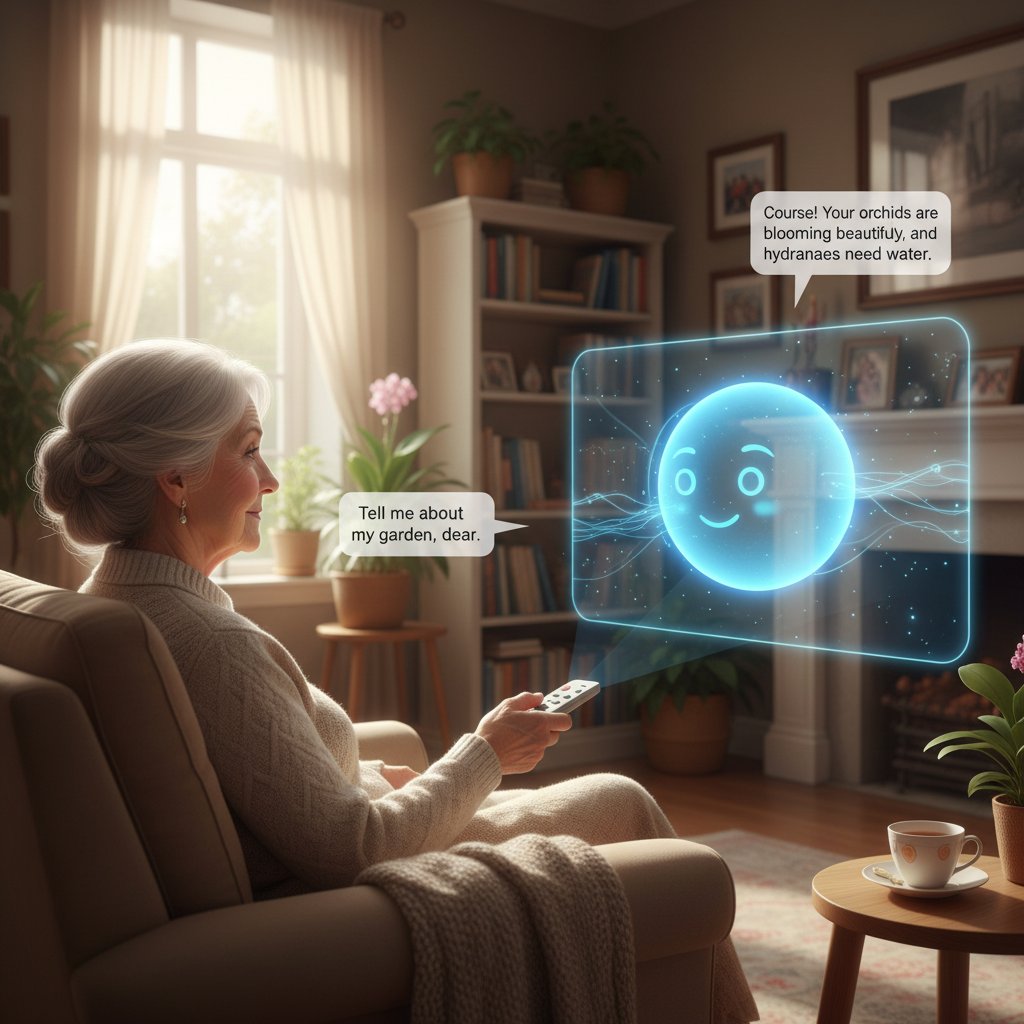 AI jako partner w rozmowie – starsza osoba rozmawiająca z AI asystentem