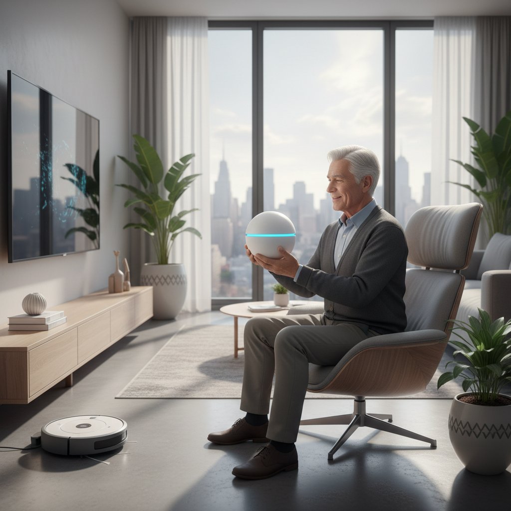 Senior korzystający z nowoczesnych technologii w mieszkaniu, zdrowie seniorów, inteligentny dom