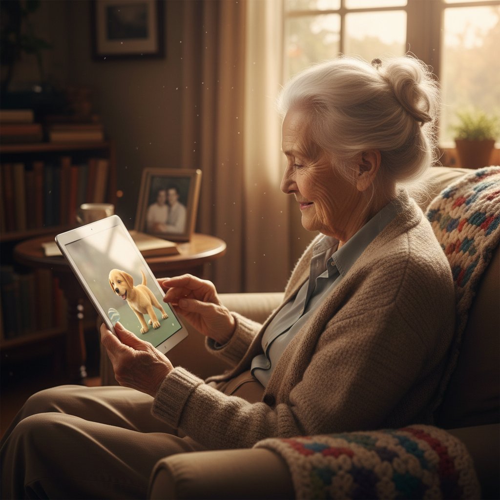 Starsza osoba samotnie przy tablecie, pies online dla seniorów