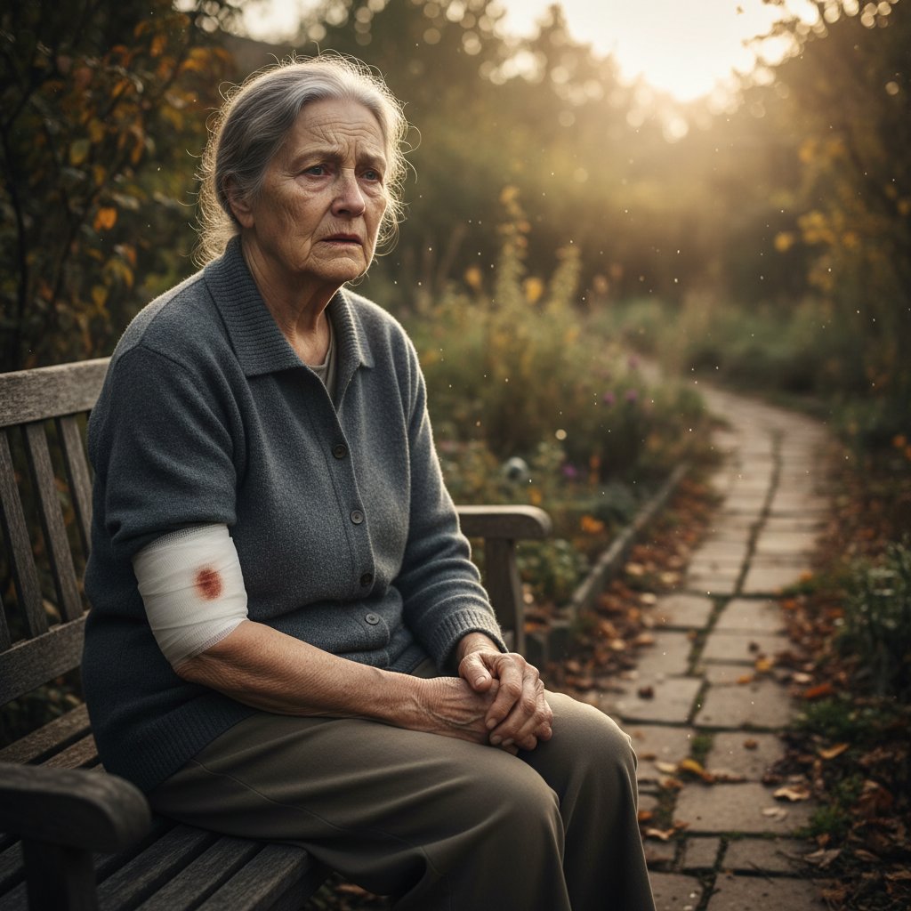 Starsza osoba z opatrunkiem na głowie, siedząca samotnie przy stole, widoczne ślady niepokoju
