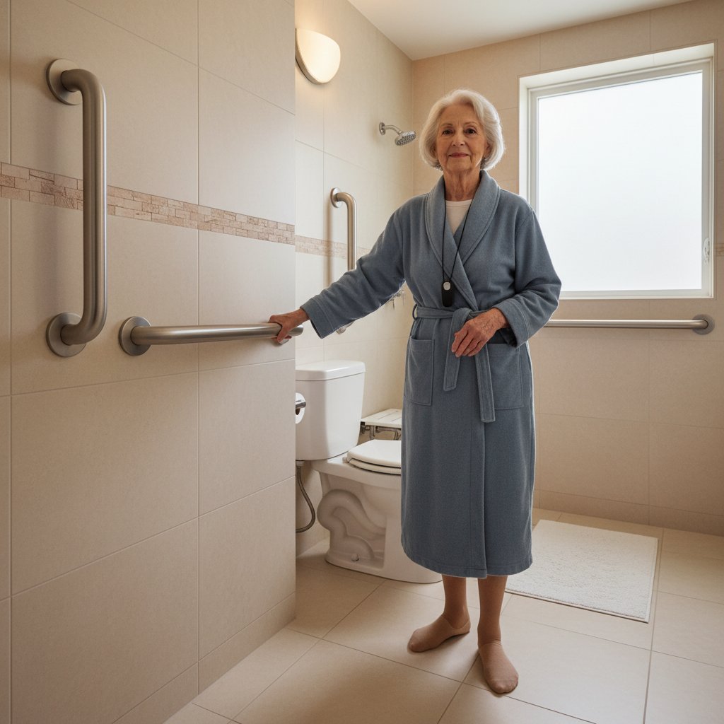 Starsza osoba w łazience z zamontowanymi poręczami, pokazująca bezpieczne rozwiązania