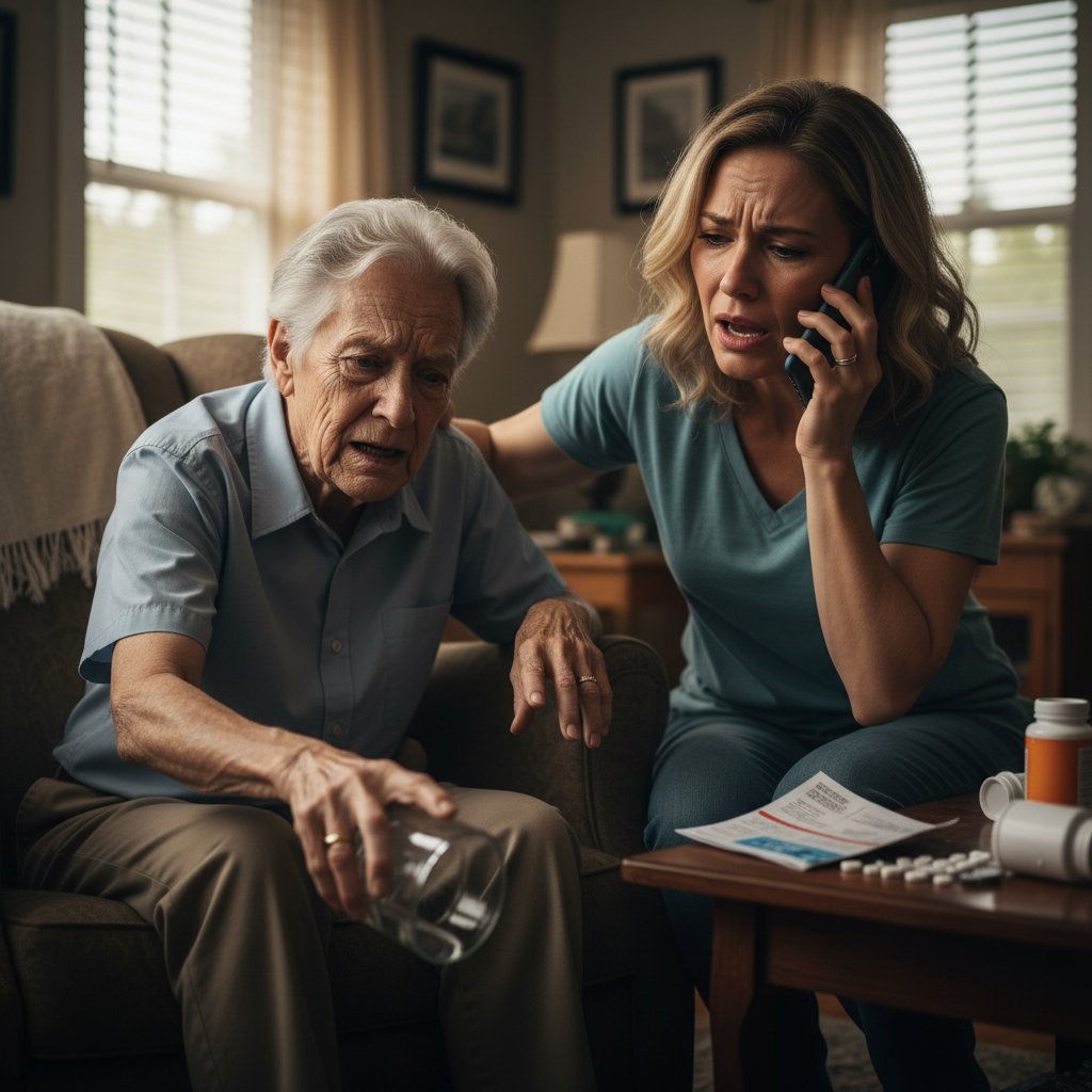 Starsza osoba i opiekun w sytuacji kryzysowej, stres, zagrożenie
