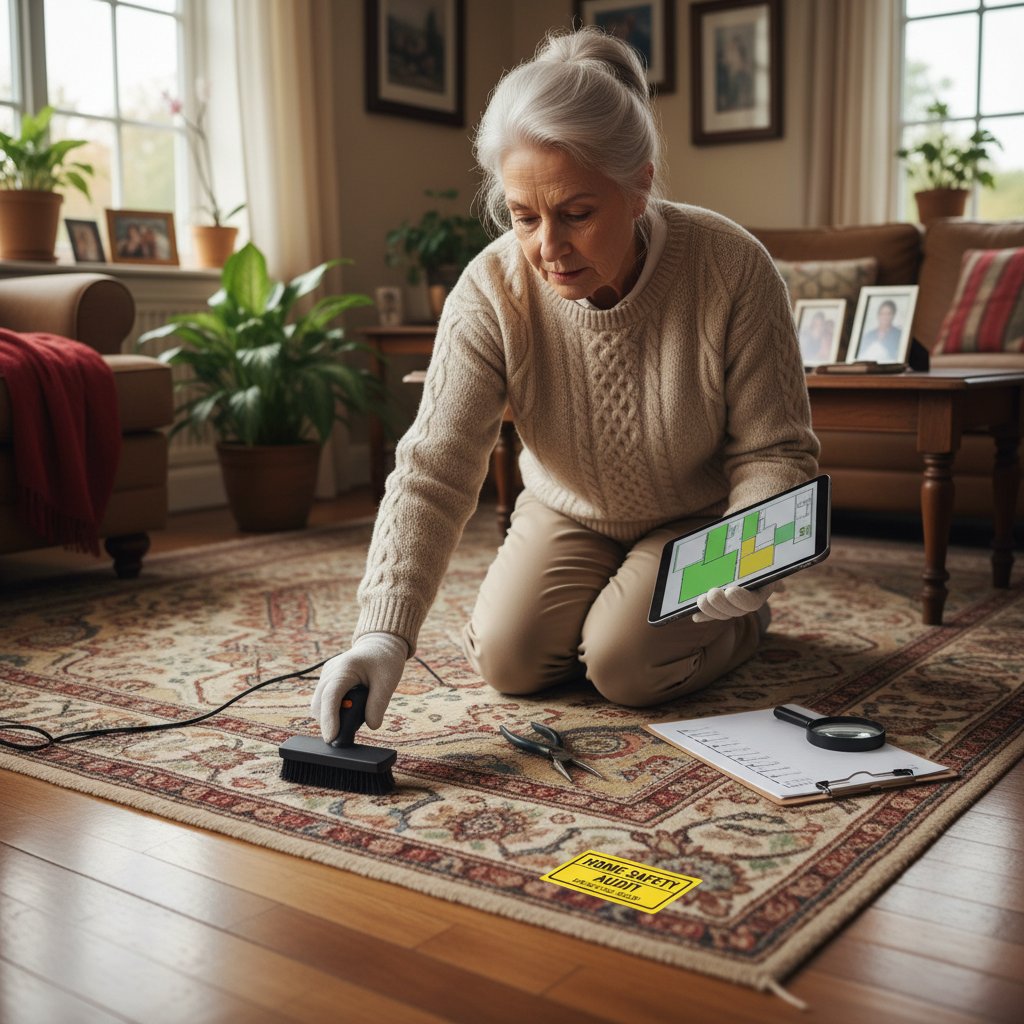 Starsza osoba sprawdzająca bezpieczeństwo dywanu w swoim mieszkaniu, kontrola domu