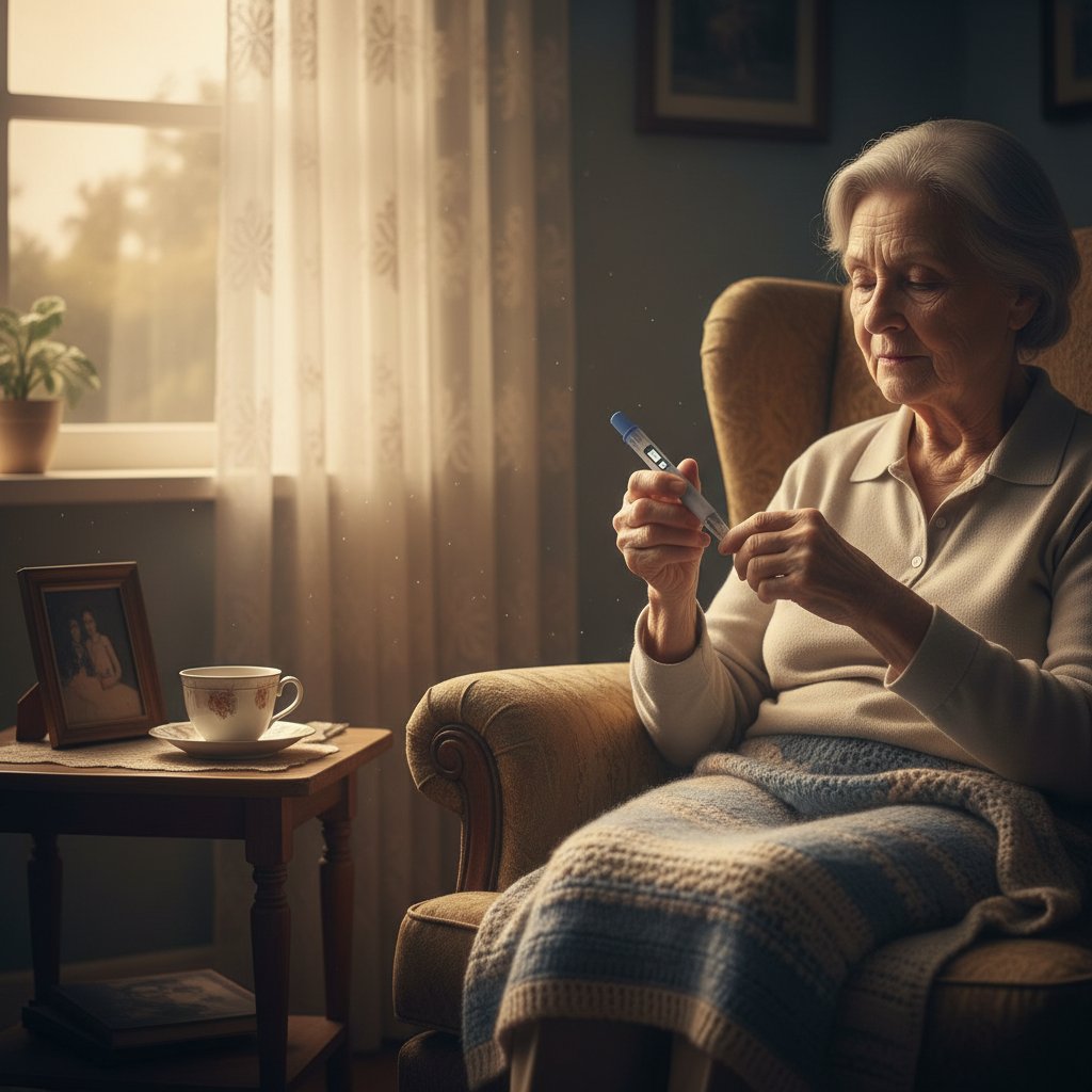 Starsza osoba sprawdzająca pen insulinowy w domu, nostalgiczne światło, subtelne niebieskie tony
