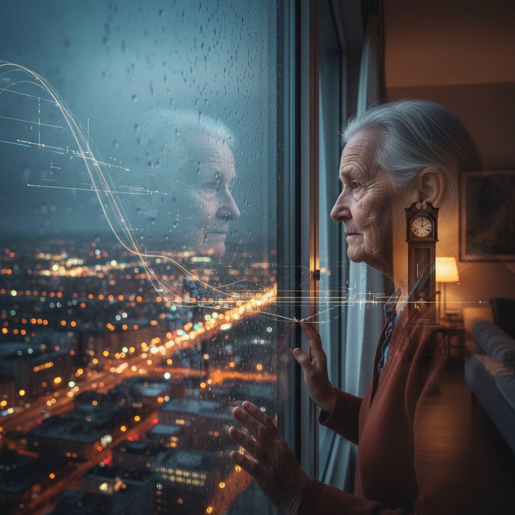Starsza osoba patrząca na światła miasta, zamyślona nad upływem czasu
