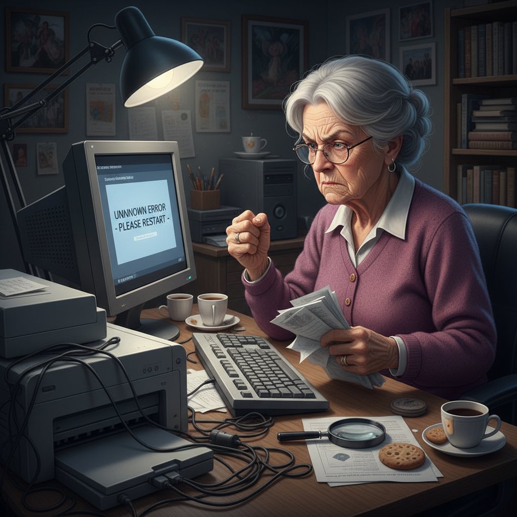 Starsza osoba próbująca korzystać z komputera, widoczna frustracja i niepewność